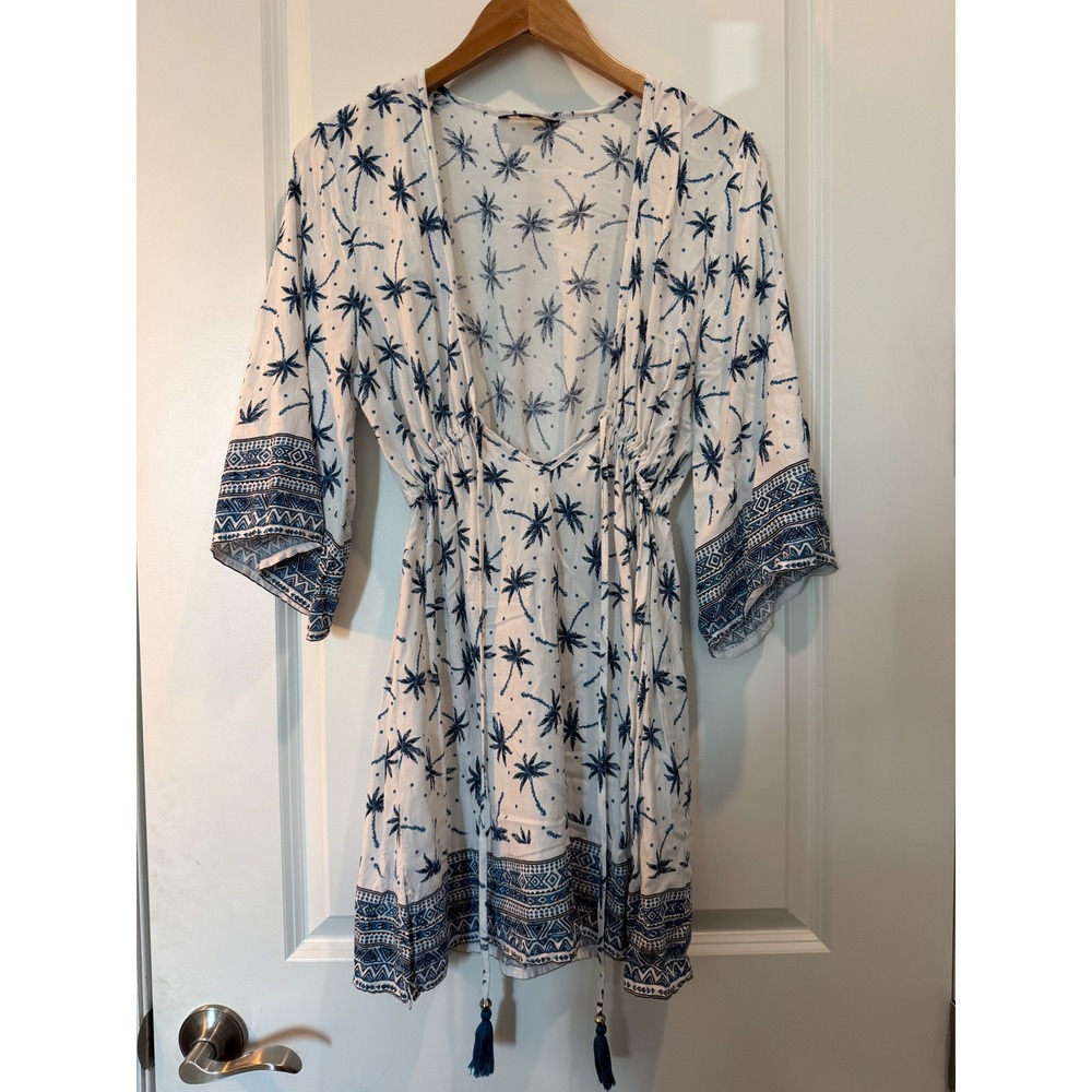 Spiaggia Dolce Palm Tree Print Mini Dress Cover Up Blue White Bell Sleeve M